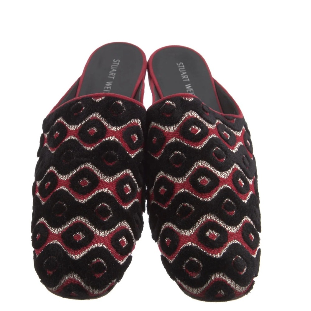 Stuart Weitzman Mulearky Red/Black Embroidery Slip-on Vamp Mules Flats